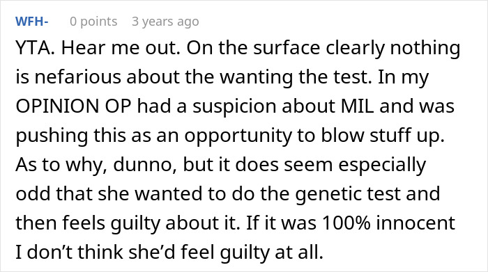 A Reddit comment titled WFH- discusses a DNA test and unraveling a MILs dark secret.