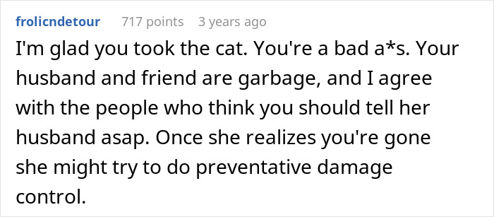 A Reddit comment advising someone after discovering a husband and best friend affair, suggesting revealing disturbing details to expose their betrayal.