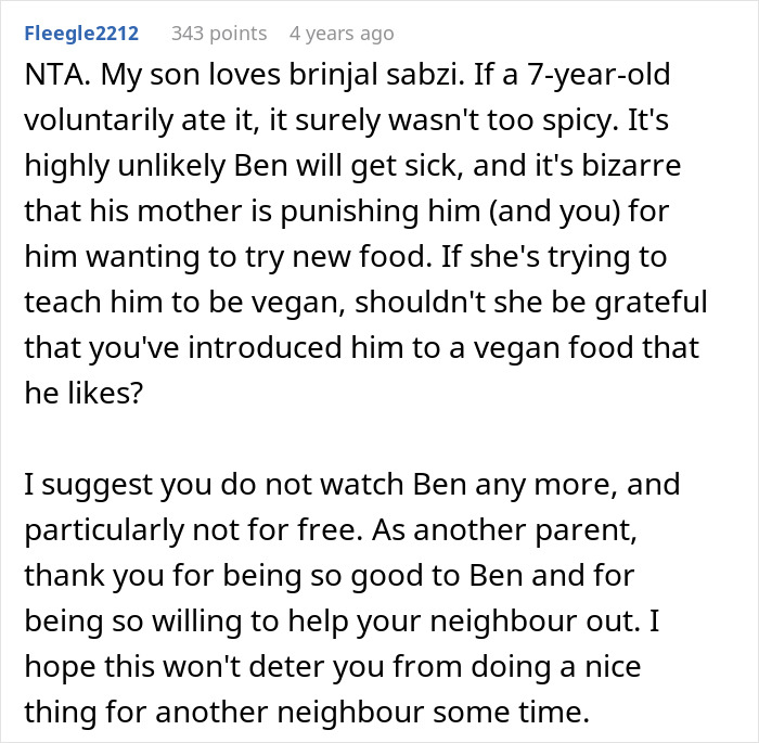 Reddit comment about a mother trying to transition her son into vegan, getting blasted for punishing him over a vegan meal.