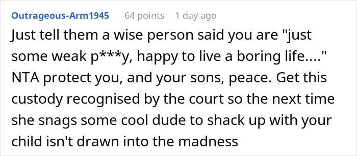 A Reddit comment advising a dad to protect his child and gain legal custody, reflecting themes of a dad's choices and burden.