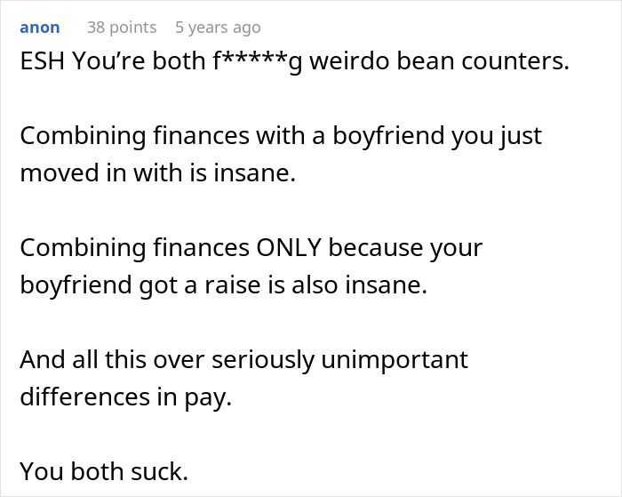A Reddit comment criticizes a girlfriend who refused to split finances, highlighting the man turns the tables scenario.