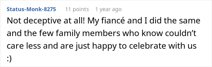 A Reddit comment offering reassurance, stating that legally marrying before the wedding ceremony is not deceptive and won't upset guests.