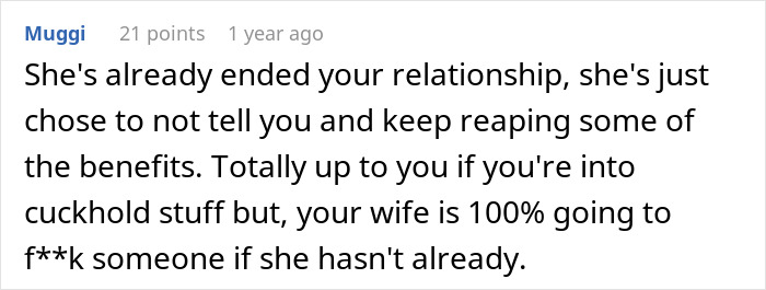 A comment advises a man about his wife, implying she's cheating. It supports the gut feeling about his wife and male coworker.