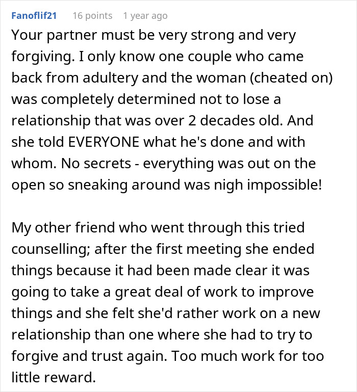 Comment about overcoming adultery and challenges of forgiving a cheater in a long-term relationship discussion.