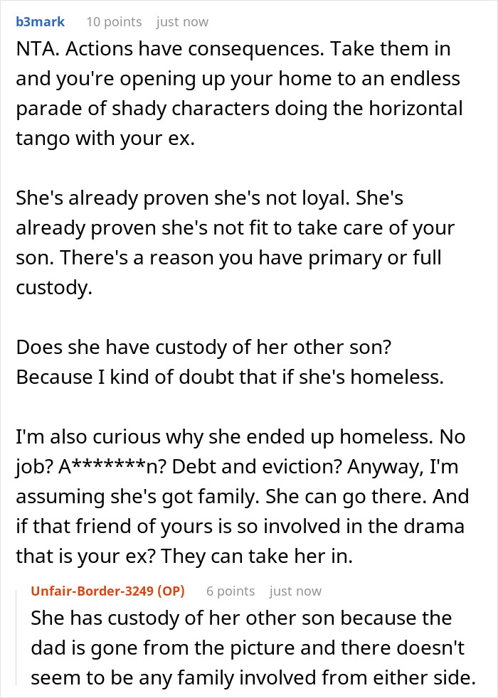 Reddit text discussing consequences of ex's past choices and a dad's burden regarding his homeless ex.