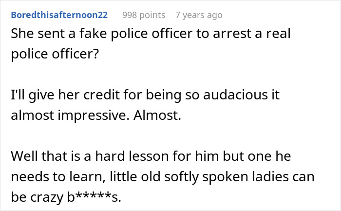 Screenshot of a Reddit comment discussing a fake cop sent to arrest a real police officer in a homophobic MIL situation.
