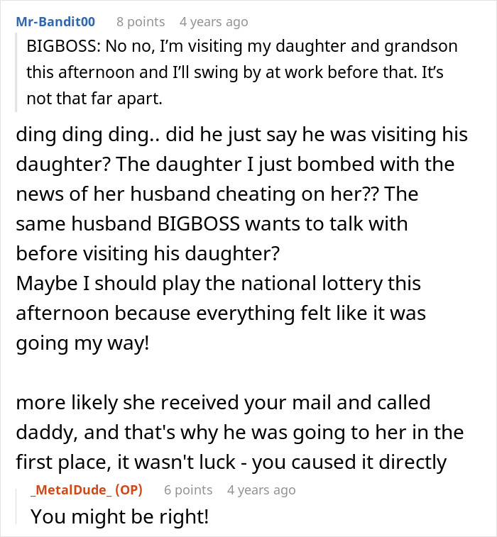 Reddit thread about a horrible boss and an employee's perfect revenge. Text describes the boss's daughter and husband.