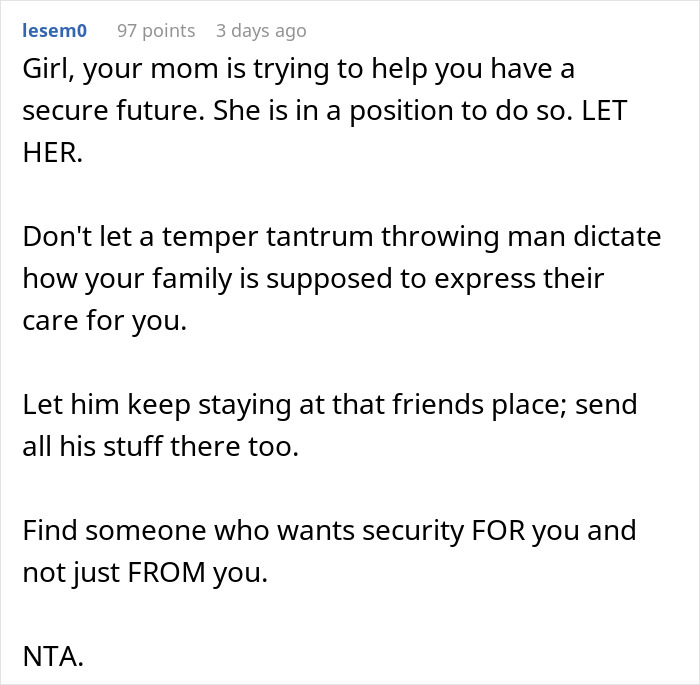 Screenshot of a comment thread where a user advises a woman to accept property in her name, suggesting her boyfriend's reaction is a personal attack.
