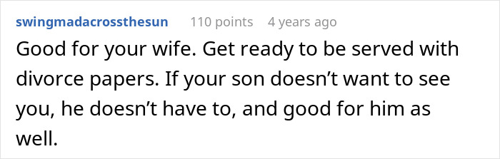 A Reddit comment about a man who demanded a paternity test and lost his whole family, advising the wife to serve divorce papers.
