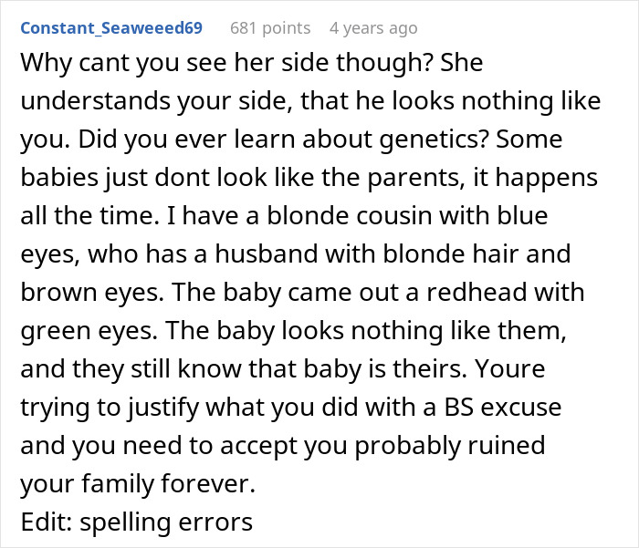 A Reddit comment from Constant_Seaweed69, discussing how paternity test demands can ruin a family, highlighting genetic diversity.