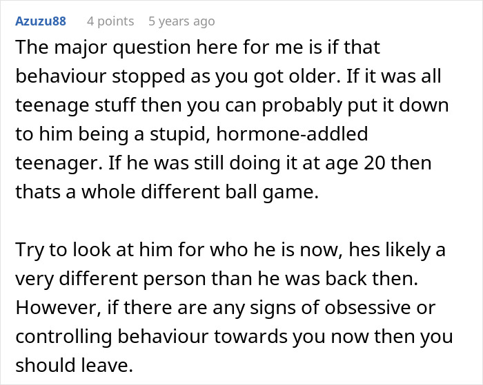Comment discussing creepy confession from age 12 raising relationship questions and concerns about controlling behavior now.