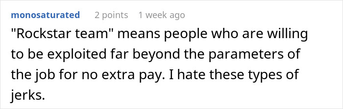 A screenshot of a Reddit comment criticizing the term "Rockstar team," linking it to exploitation and a bad job interview.