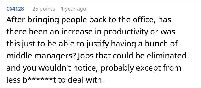Comment expressing frustration about commute and remote work cancellation affecting productivity and job roles. Comment expressing frustration about commute and remote work cancellation affecting productivity and job roles.
