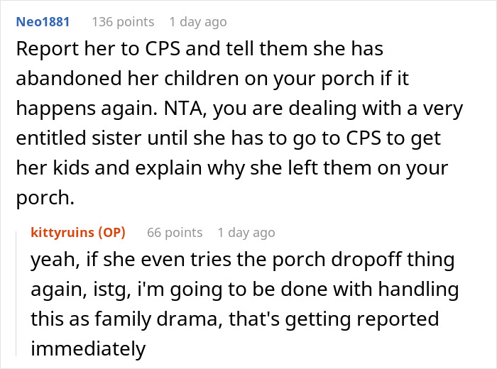 Man forced to change locks and threaten sister with police after she abandons her kids at his house comments discussion screenshot