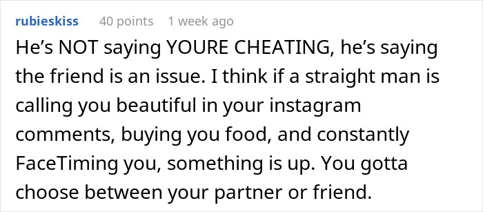 Alt text: Online comment discussing boyfriend finding girlfriend&rsquo;s connection with male best friend problematic and relationship concerns.
