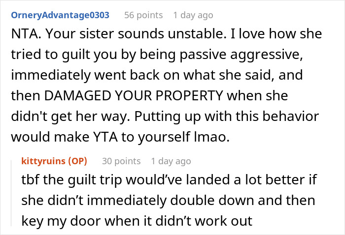 Screenshot of a Reddit comment discussing a man forced to change locks after his sister abandons her kids at his house.