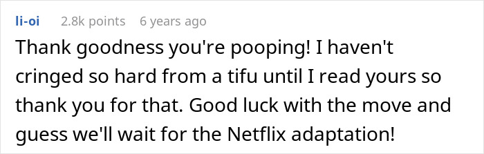 Comment on a post expressing relief and wishing good luck for a move, referencing a Netflix adaptation anticipation.