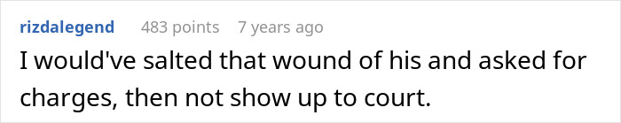 User comment text on a white background describing a sarcastic response to a driver calling the cops after an ice-filled bin revenge.