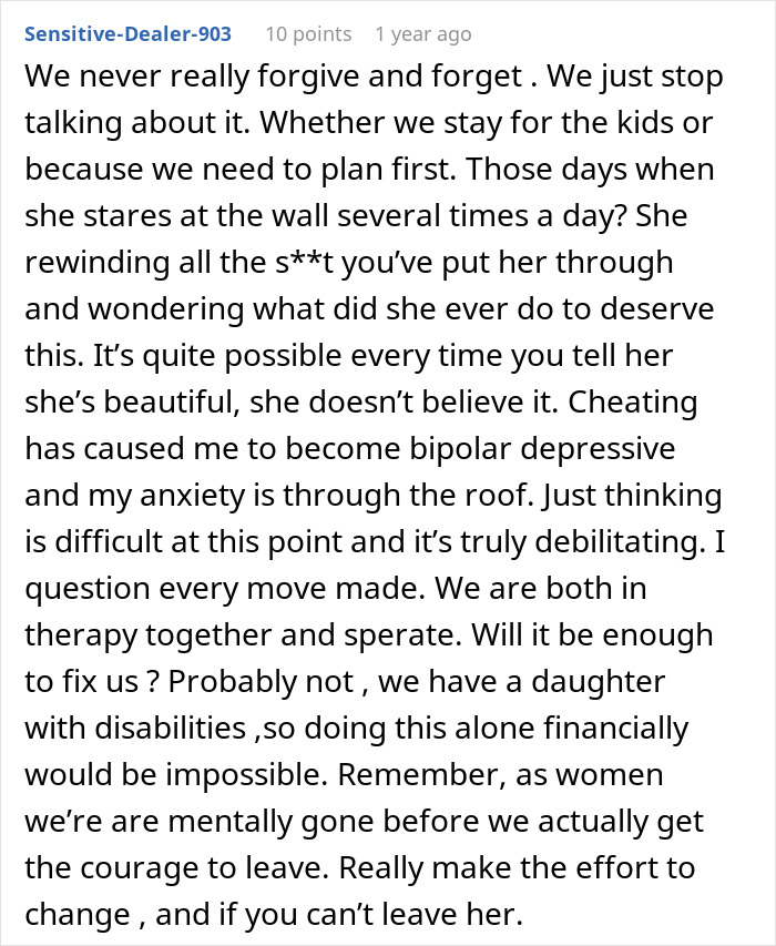 Reddit user describes harsh lesson after cheating, sharing impact on mental health and regret chasing a fantasy relationship.