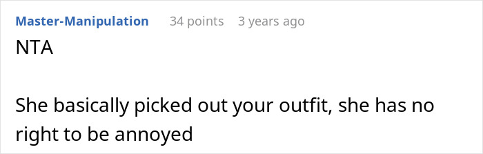 A wedding forum comment, NTA, discussing a groom's bride picking an outfit. This relates to the groom and bride dress issue.