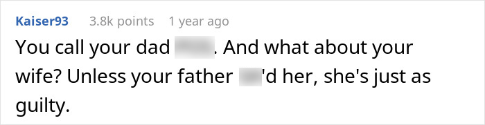 A Reddit comment about a man's wife and father, implying a double betrayal.
