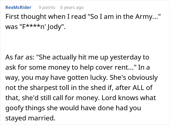 Comment discussing an Army wife cheating on her deployed husband and the consequences she faces including his revenge and karma.