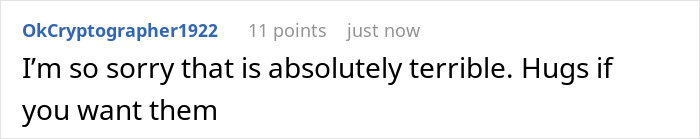 A comment from OkCryptographer1922 showing sympathy, offering hugs for a difficult situation involving a husband house hoarder finances.
