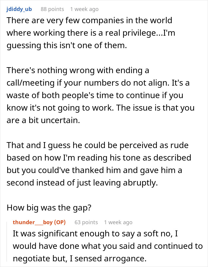 Reddit comments discuss a job candidate hanging up mid-interview due to a company's offer, with one user sensing arrogance.