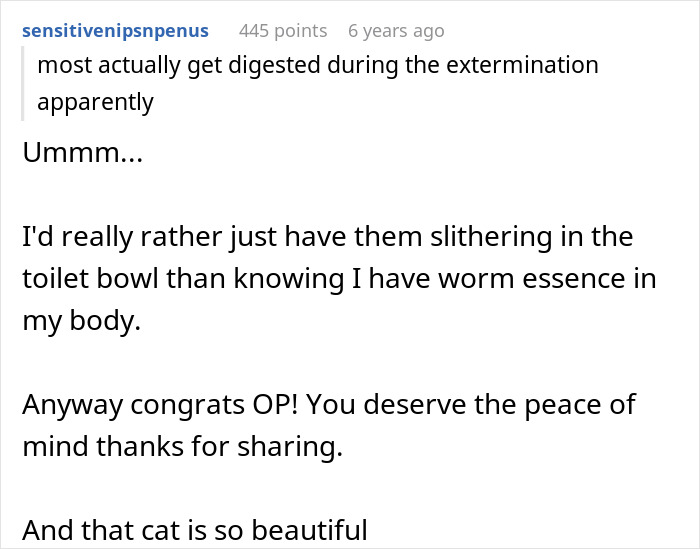 Comment discussing tapeworm extermination and expressing preference to see worms in the toilet over having them in the body.