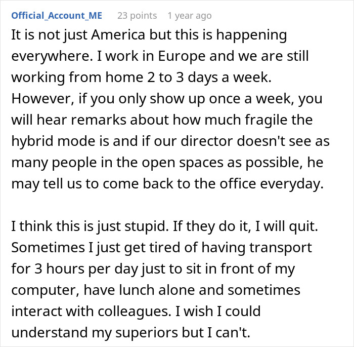User comment about the struggles of commuting after working from home was canceled, expressing frustration and desire to quit. User comment about the struggles of commuting after working from home was canceled, expressing frustration and desire to quit.
