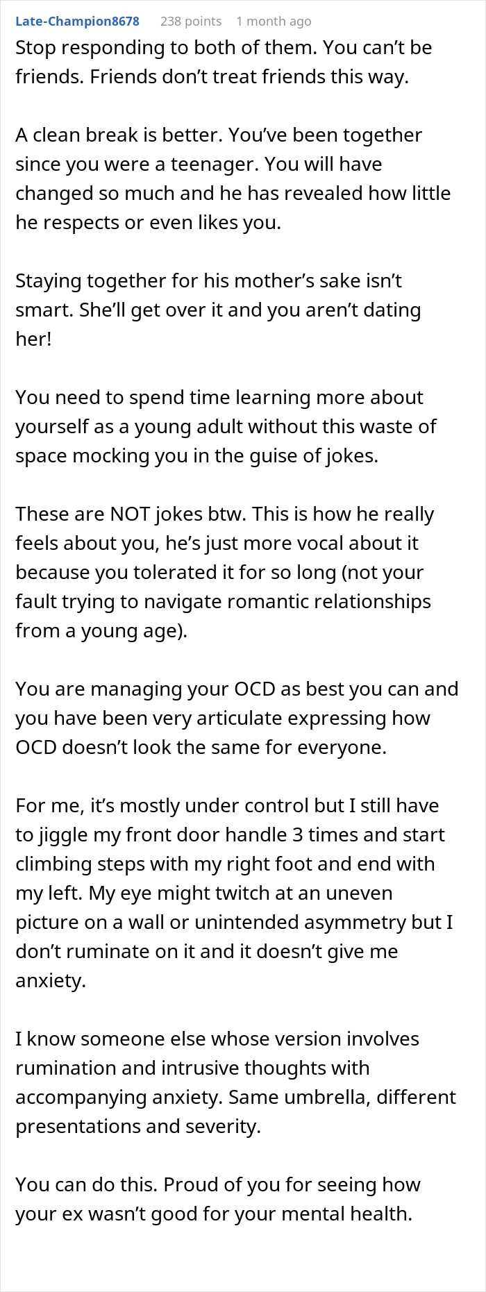 Reddit comment offering advice on ending a toxic relationship, highlighting respect and self-liberation.