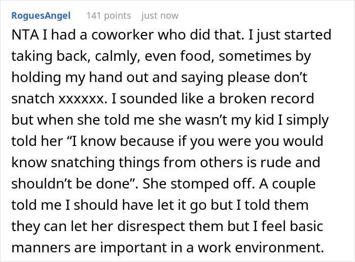 Text post discussing a rude coworker who snatches things without asking and the importance of basic manners at work.