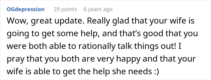 Reddit comment expressing relief and hope as wife seeks help, reflecting emotions in woman wants unborn son named after late ex drama. Reddit comment expressing relief and hope as wife seeks help, reflecting emotions in woman wants unborn son named after late ex drama.