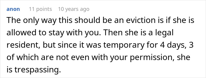 Comment on eviction dispute about a man confronting friend&rsquo;s girlfriend living in his house without permission.