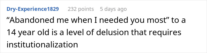 Commenter Dry-Experience1829 shares harsh opinion on teen confronting dad after he forgot her birthday in an online discussion. Commenter Dry-Experience1829 shares harsh opinion on teen confronting dad after he forgot her birthday in an online discussion.