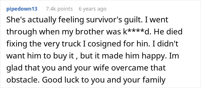 Screenshot of an online comment discussing survivor's guilt related to a woman wanting unborn son named after late ex. Screenshot of an online comment discussing survivor's guilt related to a woman wanting unborn son named after late ex.