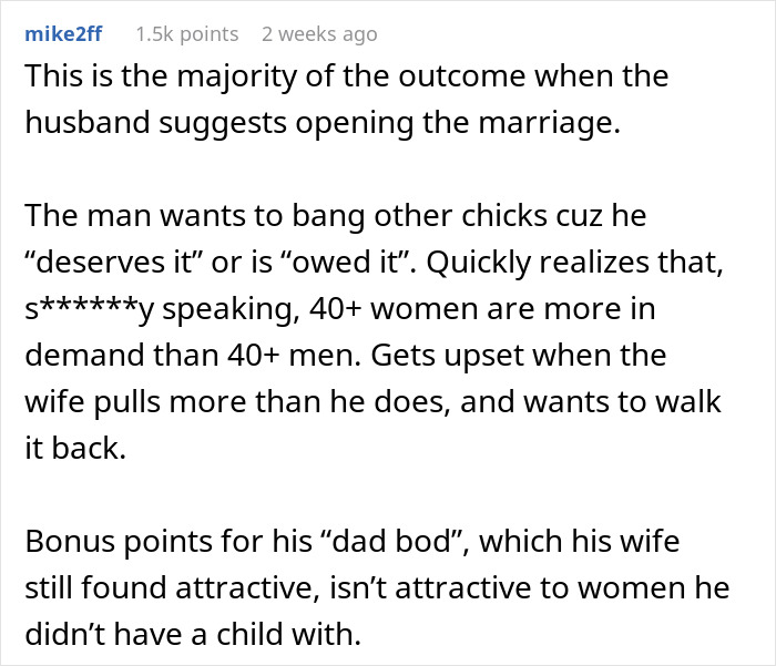Woman rediscovers herself after husband proposes open marriage, embracing independence and refusing to close it. Woman rediscovers herself after husband proposes open marriage, embracing independence and refusing to close it.