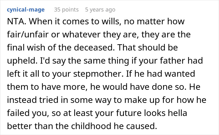 Comment discussing wills and inheritance disputes between estranged dad&rsquo;s daughter and stepmom demanding equal share.