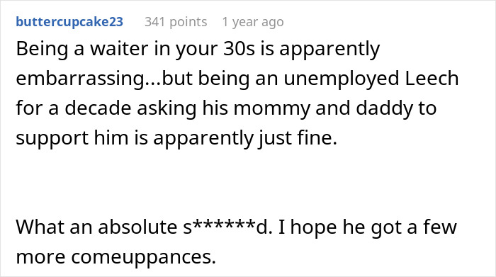 Reddit comment criticizing a man who thinks best friend working as a server is low but refuses to ask for money. Reddit comment criticizing a man who thinks best friend working as a server is low but refuses to ask for money.