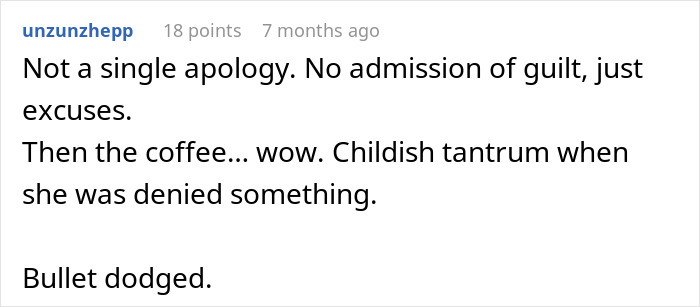 Text comment on social media discussing lack of apology and childish behavior related to wife divorcing husband during cancer.
