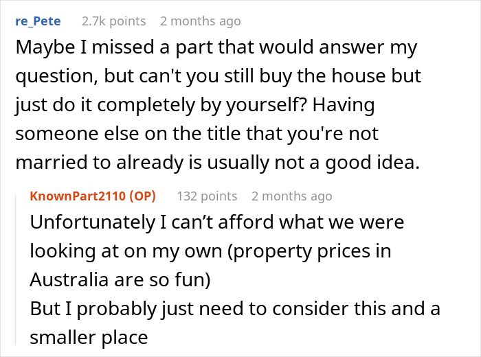 Screenshot of a Reddit conversation discussing financial trust and savings involving a man upset over his girlfriend&rsquo;s hidden $50K savings.
