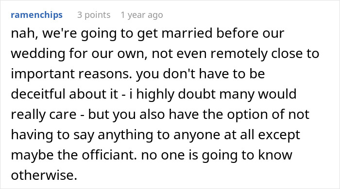 A Reddit comment discussing a couple legally marrying before their wedding ceremony, offering advice not to panic about guests.