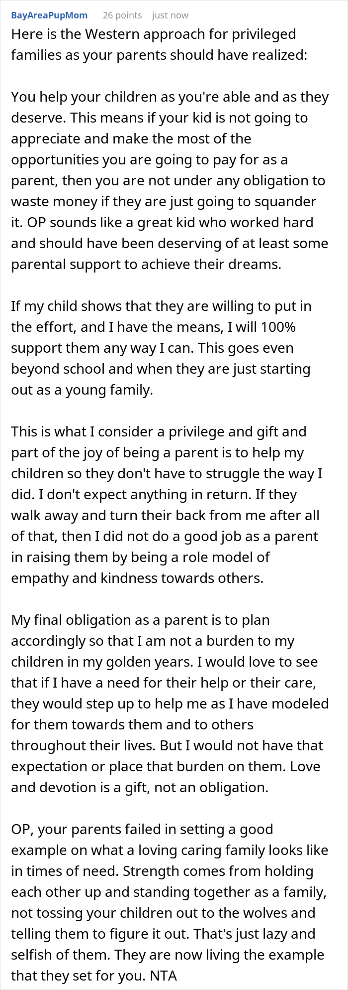 Text post discussing parenting and expectations about independence and support in later life for children.