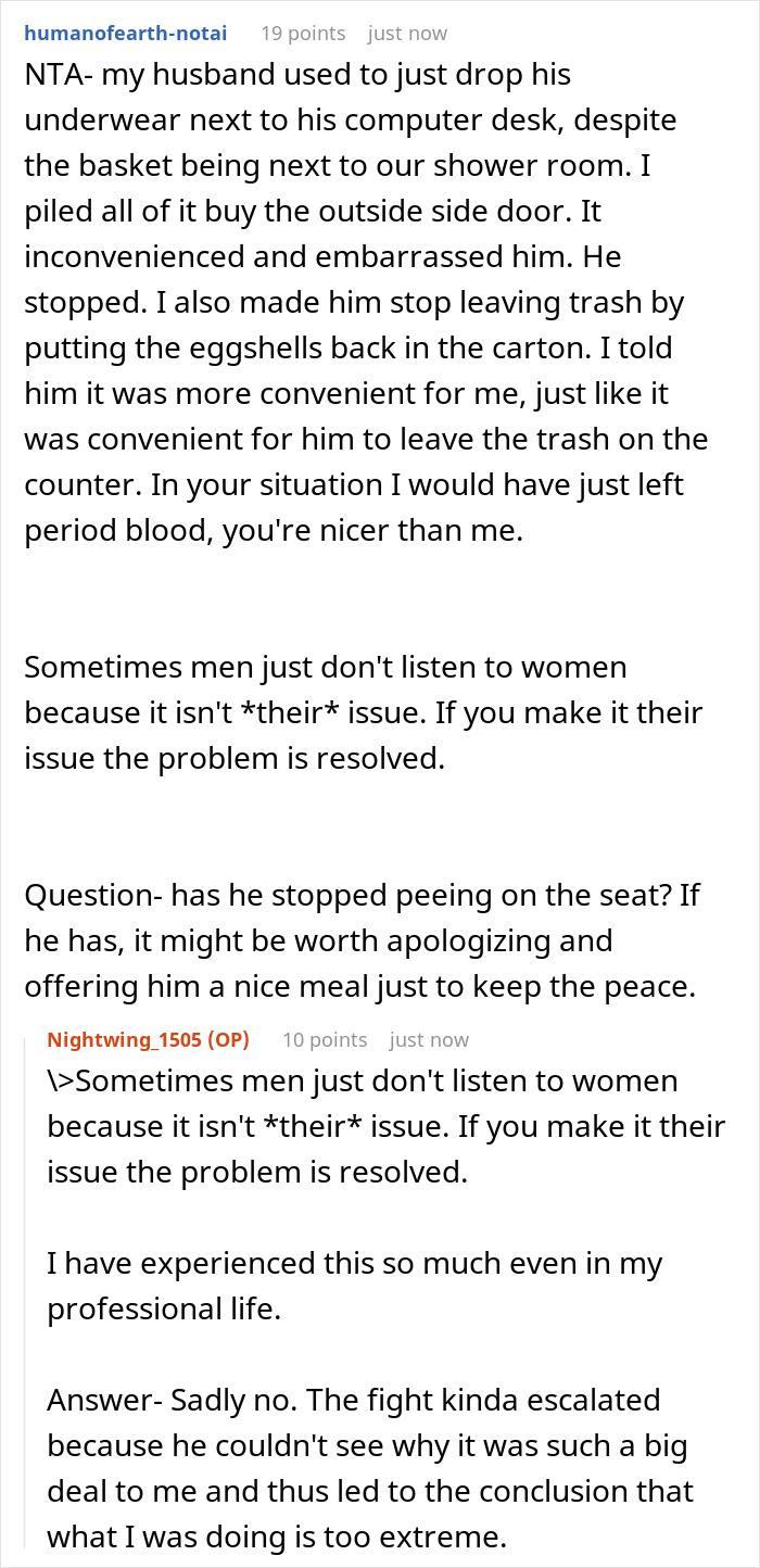 A Reddit post discussing a daughter's extreme response to a gross dad wetting the toilet seat.
