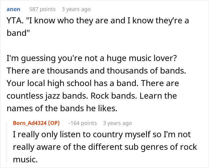 Screenshot of a forum discussion about concert tickets, bands, and a woman buying tickets for her boyfriend&rsquo;s birthday.