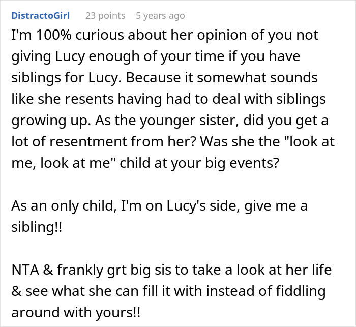 Comment discussing resentment between sisters after one makes the other adopt her kid and control sibling expansion.