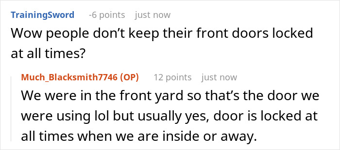 Screenshot of an online discussion about a toddler escaping home and running inside a neighbor&rsquo;s house, surprising a woman.