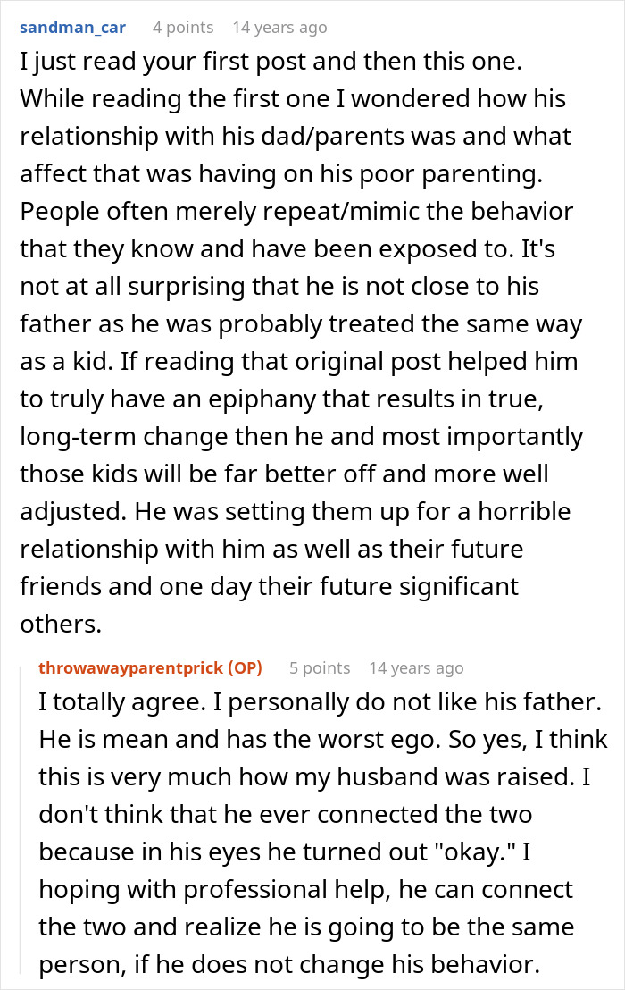 Reddit conversation about a husband being awesome to his wife but a complete jerk to their kids and parenting challenges. Reddit conversation about a husband being awesome to his wife but a complete jerk to their kids and parenting challenges.