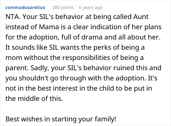 Comment discussing sister-in-law’s behavior and its impact on woman wanting her baby adopted by her brother. Comment discussing sister-in-law’s behavior and its impact on woman wanting her baby adopted by her brother.