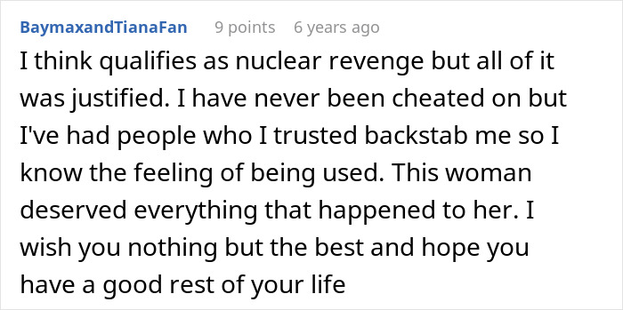 Comment discussing revenge and karma involving an army wife cheating on her deployed husband.